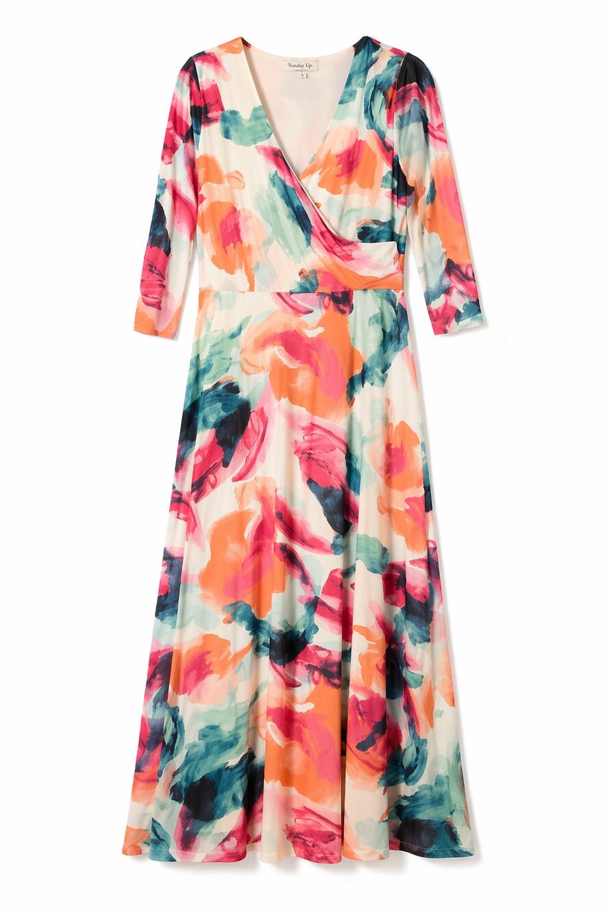 Harlow & Rose 3/4 Sleeve Watercolor Maxi Dress Summer Wedding Party M